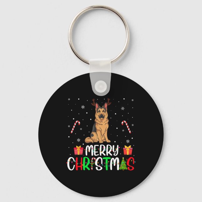 Merry Christmas Lights German Shepherd Dog Reindee Key Ring (Front)