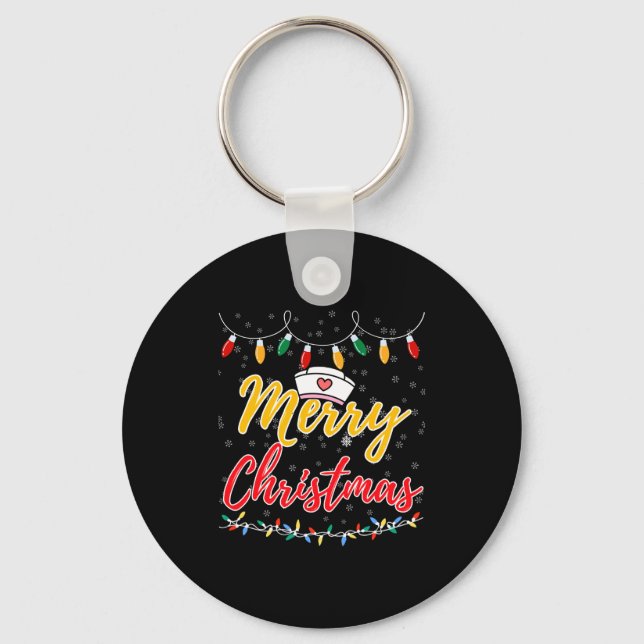 Merry Christmas Lights Nurse Hat Xmas Funny Nurse  Key Ring (Front)