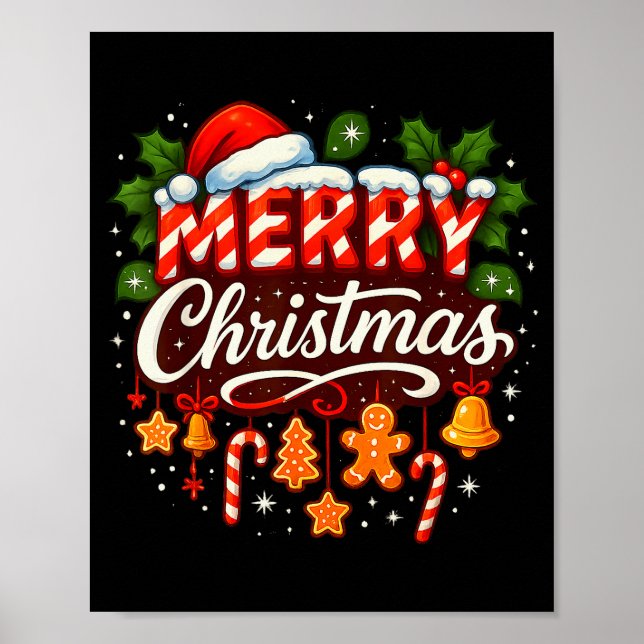 Merry Christmas Lights Red Santa Hat Family Xmas P Poster (Front)