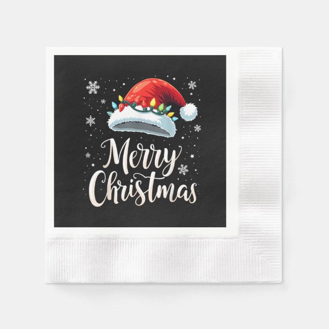 Merry Christmas Lights Red Santa Hat Tree Family Napkin (Front)