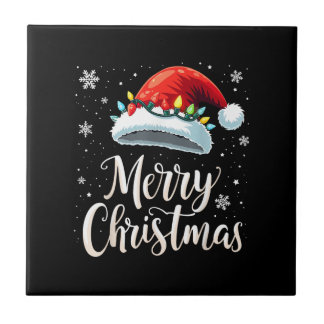 Merry Christmas Lights Red Santa Hat Tree Family Tile