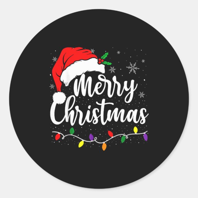 Merry Christmas Lights Red Santa Hat Xmas Family M Classic Round Sticker (Front)