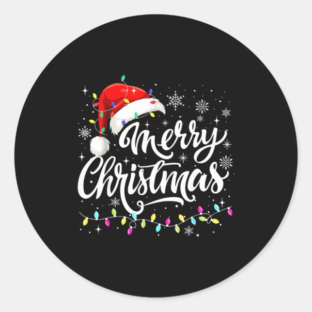 Merry Christmas Lights Red Santa Hat Xmas Family M Classic Round Sticker (Front)