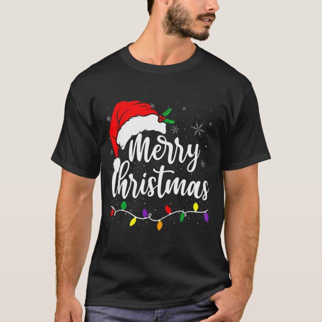 Merry Christmas Lights Red Santa Hat Xmas Family M T-Shirt (Front)