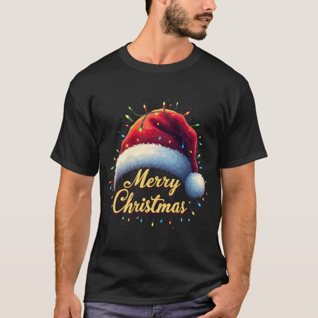 Merry Christmas Lights Red Santa Hat Xmas Family M T-Shirt (Front)