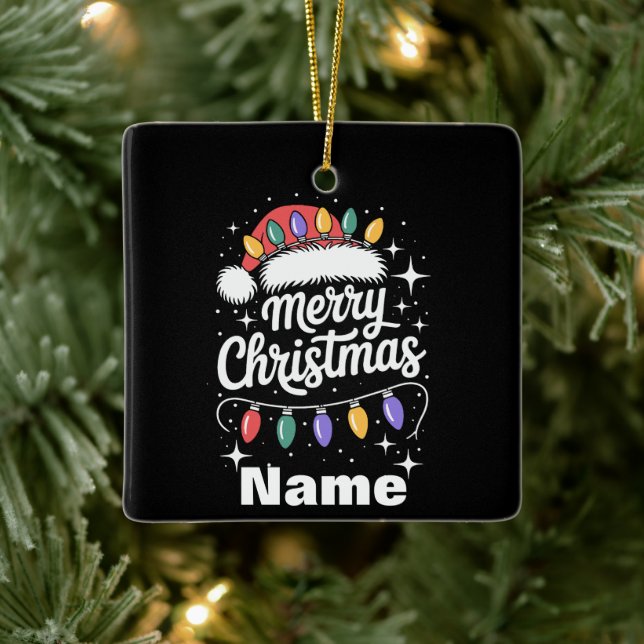 Merry Christmas Lights Santa Hat Personalised Gift Ceramic Ornament (Tree)