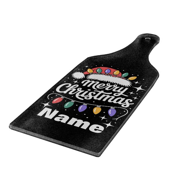 Merry Christmas Lights Santa Hat Personalised Gift Cutting Board (Corner)