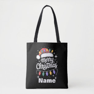 Merry Christmas Lights Santa Hat Personalised Gift Tote Bag