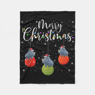 Merry Christmas Lights Santa Hat Rhino Ugly Xmas T Fleece Blanket
