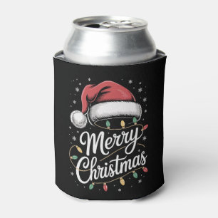 Merry Christmas Lights Santa Hat Xmas Family Can Cooler