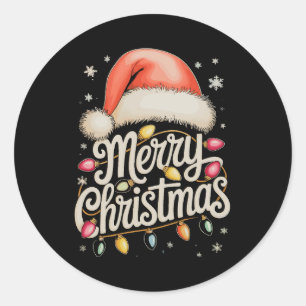 Merry Christmas Lights Santa Hat Xmas Family Classic Round Sticker