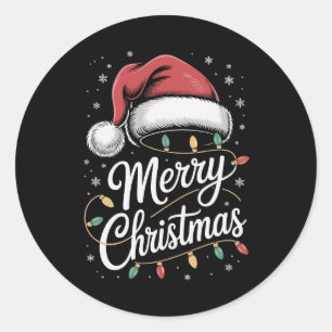 Merry Christmas Lights Santa Hat Xmas Family Classic Round Sticker