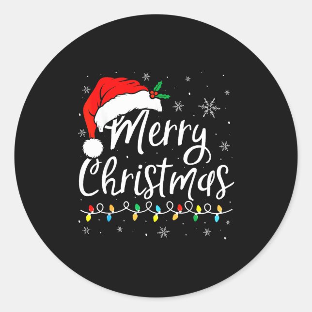 Merry Christmas Lights Santa Hat Xmas Family Match Classic Round Sticker (Front)