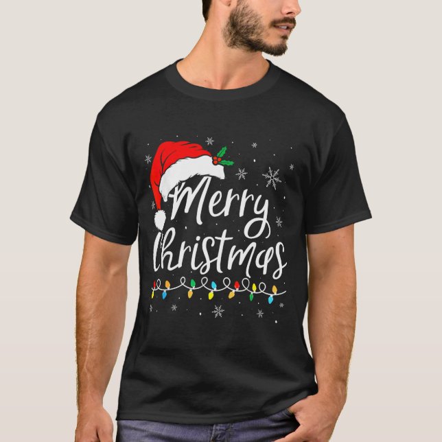 Merry Christmas Lights Santa Hat Xmas Family Match T-Shirt (Front)