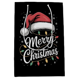 Merry Christmas Lights Santa Hat Xmas Family Medium Gift Bag
