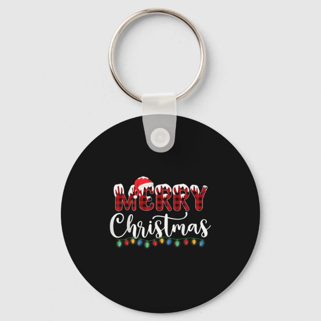 Merry Christmas Lights Snow Red Buffalo Plaid Sant Key Ring (Front)