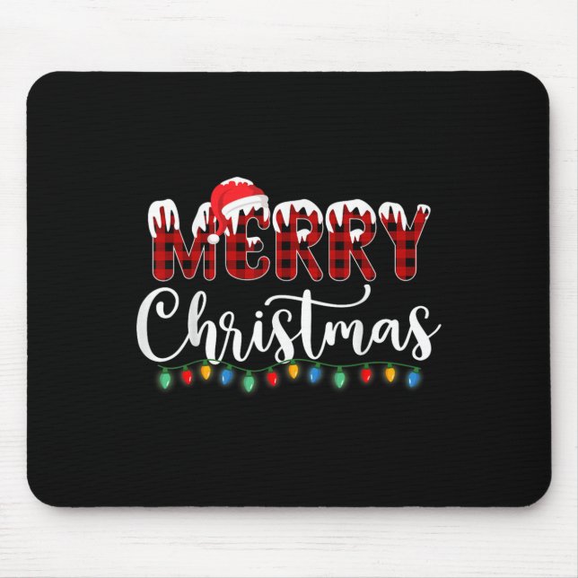 Merry Christmas Lights Snow Red Buffalo Plaid Sant Mouse Pad (Front)