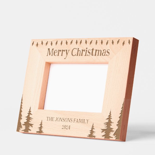Merry Christmas Lights Trees Family Wooden Etched Frames (Left)