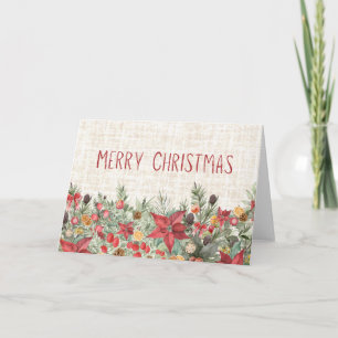 Merry Christmas Linen - Modern Festive Florals Holiday Card