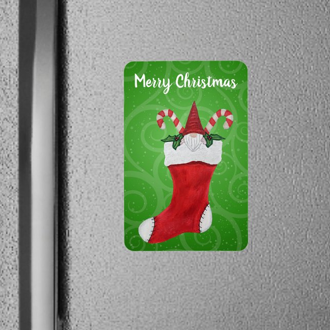 Merry Christmas Little Gnome Stocking Green Swirls Magnet (Red stocking with cute gnome candy canes on green swirled Merry Christmas magnet.)