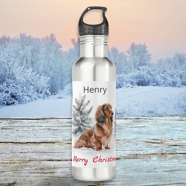 Merry Christmas Long Haired Dachshund Dog in Snow 710 Ml Water Bottle (A personalized water bottle with 'Merry Christmas' words and illustration of a long-haired dachshund)