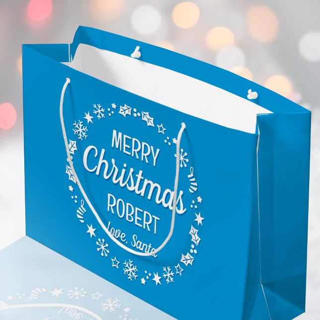 Merry Christmas Love Santa Custom Name Blue Large Gift Bag (Creator Uploaded)