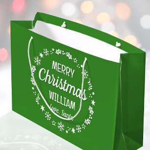 Merry Christmas Love Santa Custom Name Green Large Gift Bag