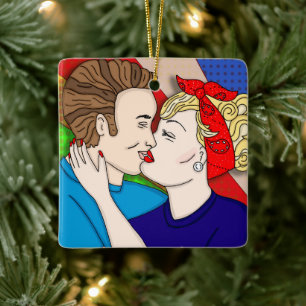 Merry Christmas Lover Retro Couple Kissing Ceramic Ornament