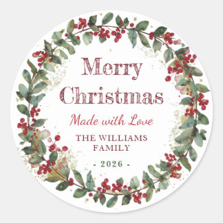 Merry Christmas Made with Love | Rustic Watercolor Classic Round Sticker
