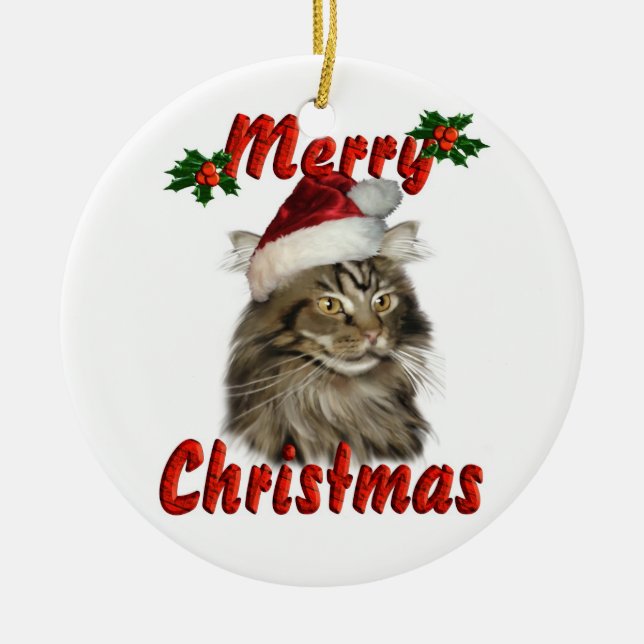 Merry Christmas Maine Coon Cat Ceramic Tree Decoration (Front)