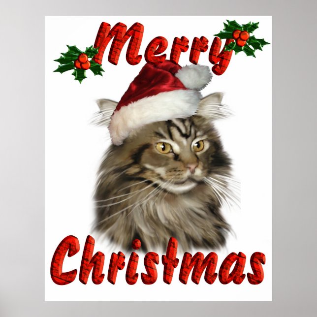 Merry Christmas Maine Coon Cat Poster (Front)
