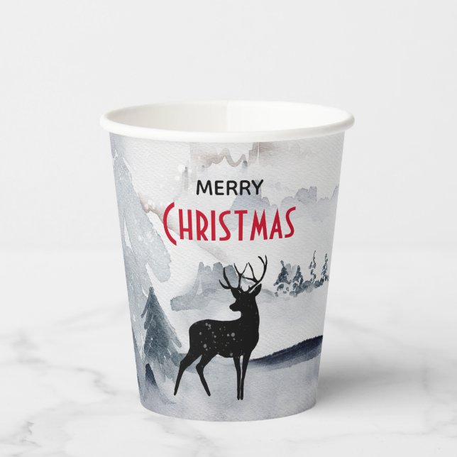 Merry Christmas Majestic Deer Watercolor Paper Cups (Left)