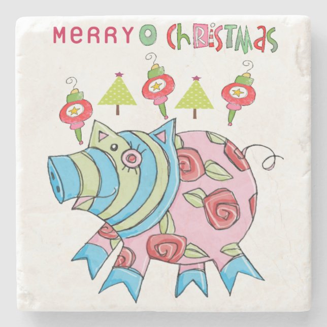 Merry Christmas Marble Stone Coaster, Pink Pig Coaster (Front)