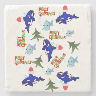 Merry Christmas Marble Stone Coaster, Shark Fish Coaster