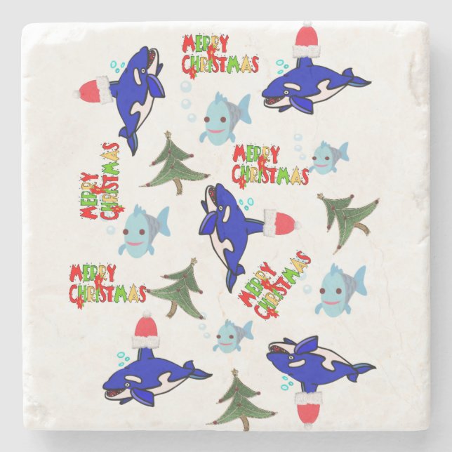 Merry Christmas Marble Stone Coaster, Shark Fish  Coaster (Front)