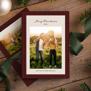 Merry Christmas maroon red check frame photo Holiday Card