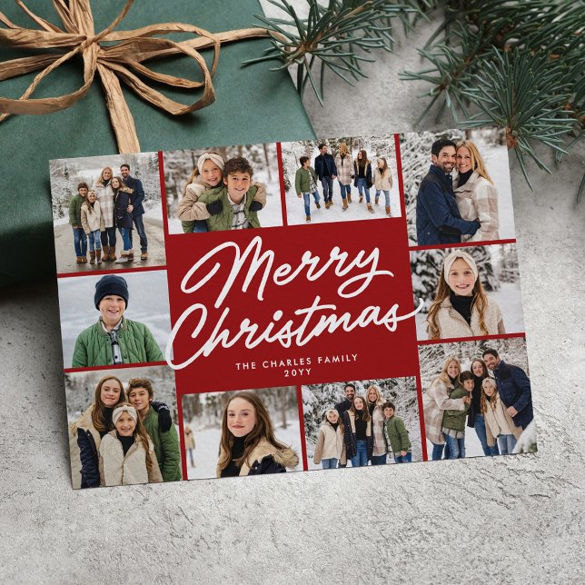Merry Christmas maroon ten photo collage Holiday Card (Creator Uploaded)