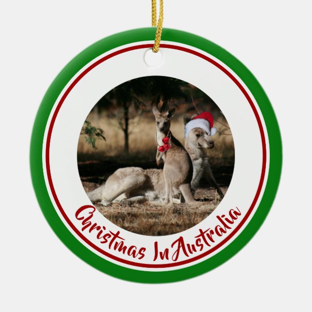 Merry Christmas Mate Santa Kangaroos  Ceramic Tree Decoration (Front)