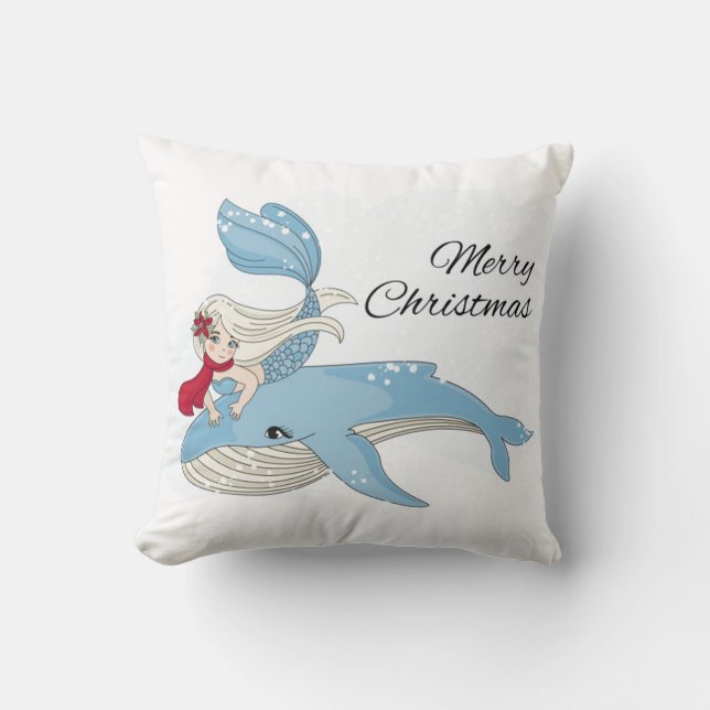 Merry Christmas Mermaid and Whale Cushion (Front)