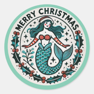 Merry Christmas Mermaid                            Classic Round Sticker