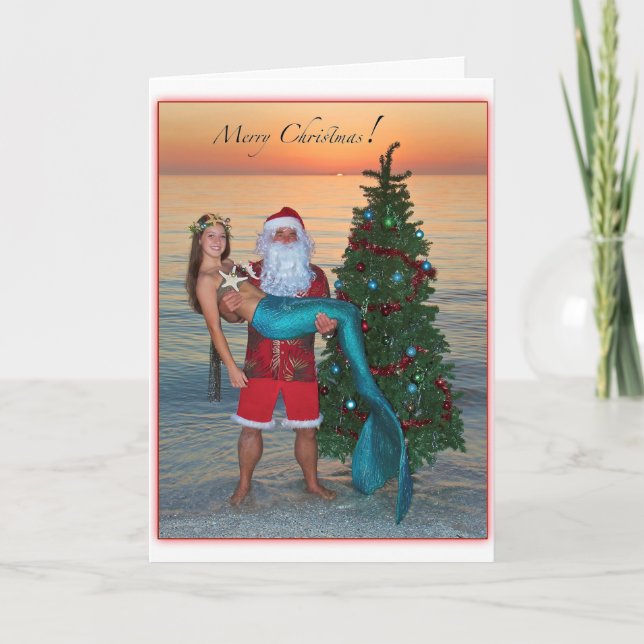 Merry Christmas Mermaid with Santa on the Beach Holiday Card (Front)