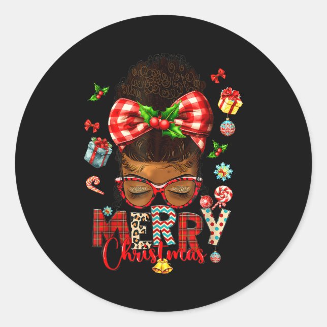 Merry Christmas Messy Bun Black Women African Amer Classic Round Sticker (Front)