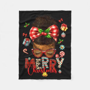 Merry Christmas Messy Bun Black Women African Amer Fleece Blanket