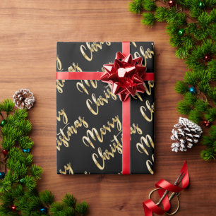 Merry Christmas metallic gold script black Wrapping Paper