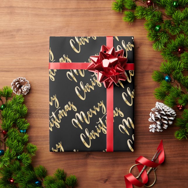 Merry Christmas metallic gold script black Wrapping Paper (Holiday Gift)