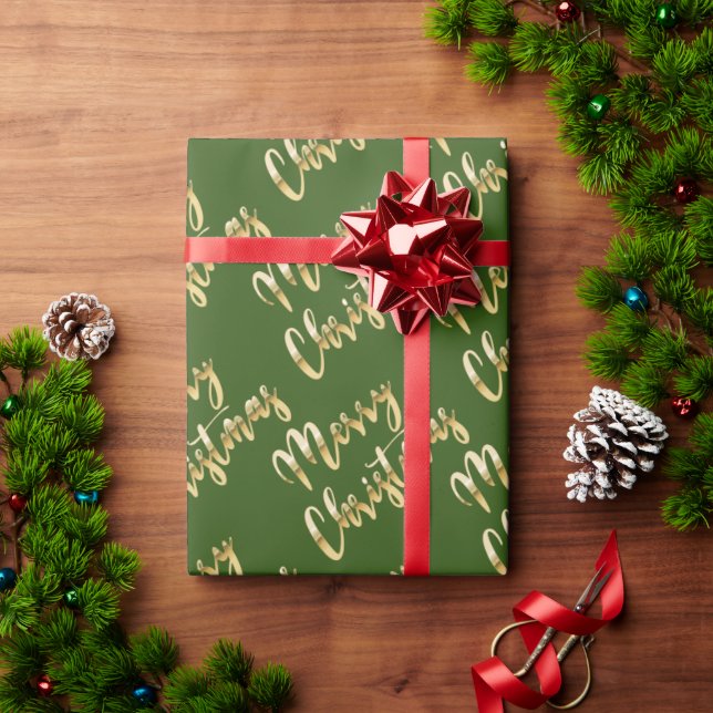 Merry Christmas metallic gold script green Wrapping Paper (Holiday Gift)