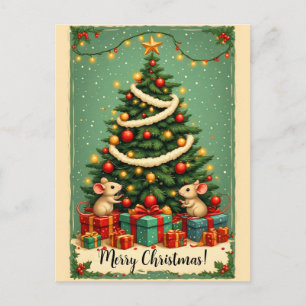 Merry Christmas Mice Victorian Tree Presents Holiday Postcard