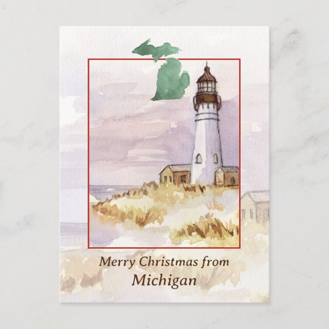 Merry Christmas Michigan Lighthouse Winter Snow Holiday Postcard (Front)