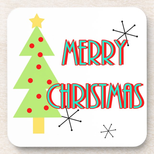merry christmas mid century modern tree red blue coaster (Front)