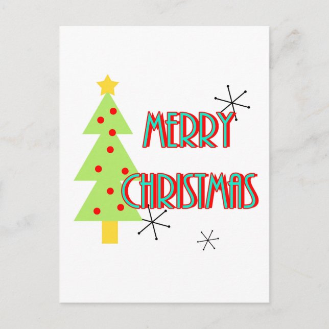 merry christmas mid century modern tree red blue holiday postcard (Front)